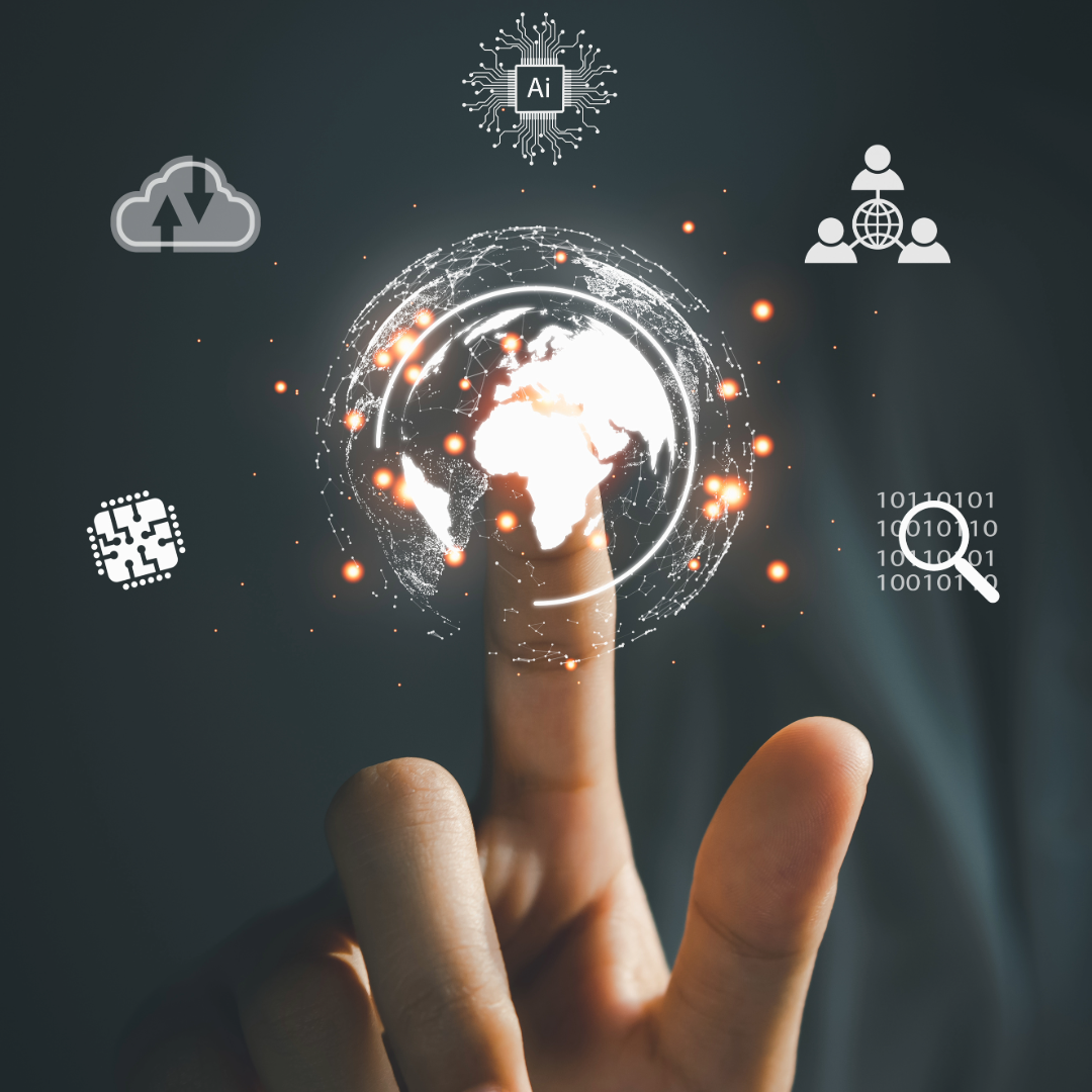 A person’s finger touches a glowing digital globe representing global connectivity and AI technology, surrounded by icons for artificial intelligence, cloud computing, data analysis, and teamwork, symbolizing the integration of intelligent systems and automation.